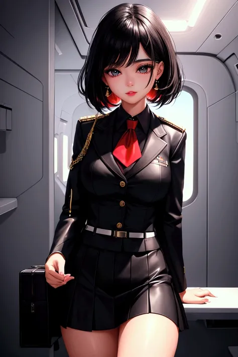   shiny skin, lips, Ultra-detailed Skins,   detailed beautiful face and eyes  ,  Spotlight,   professional lighting, ( upper body:0.8),  stewardess ,  black skirt,  jacket ,  short shirt, kooo123 ,