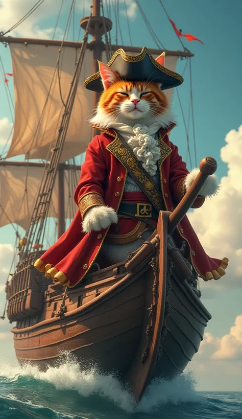 A big cat dressed as a pirate with eyes closed one is riding a Pirate Ship sailing above the sky.red and white cat.realism