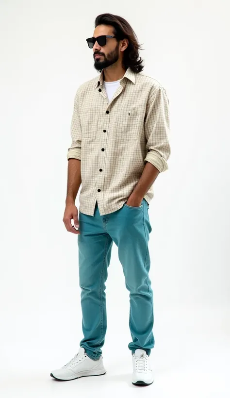  A beautiful Pakistani handsome man has a long hairstyle,  black sunglasses, white skin, wearing a white and gold check shirt , Turquoise blue jeans pants ,   white sports shoes  ,  full body view.