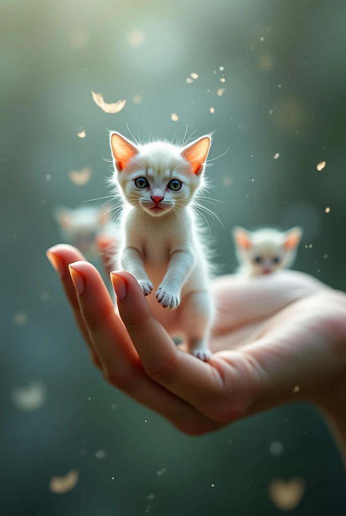 Tiny kittens emerge from fingertips, their fur as soft as mist