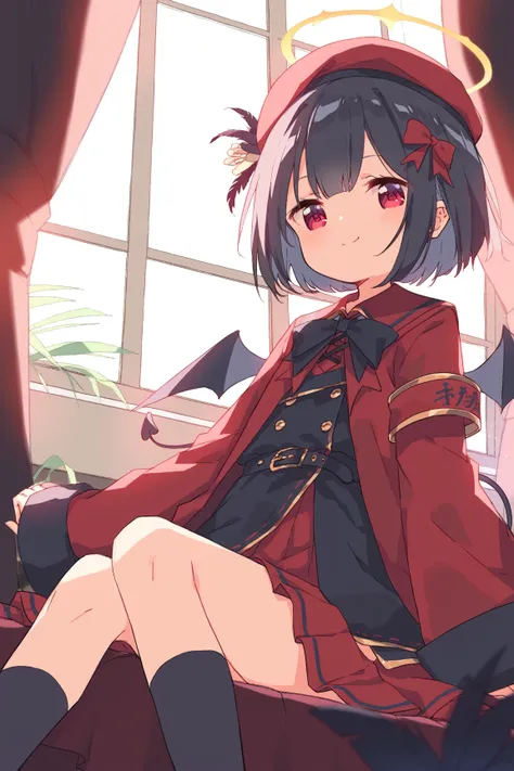 1 girl,Young girl,,, black hair,Erotic,nsfw,Petite,Young,Young girl体型, ,,Petite,black long sleeve coat,black and red uniform, miniskirt,black beret , moe sleeve, cute, knee-high socks,skindantation, short hair,Little Devil's Wings ,feathers on the waist ,L...