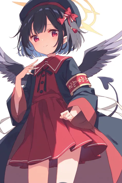 1 girl,Young girl,,, black hair,Erotic,nsfw,Petite,Young,Young girl体型, ,,Petite,black long sleeve coat,black and red uniform, miniskirt,black beret , moe sleeve, cute, knee-high socks,skindantation, short hair,Little Devil's Wings ,feathers on the waist ,L...