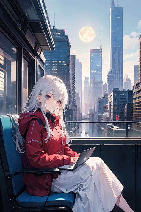   attention to detail ,  Super Detail,  ultra high resolution, The girl on the train ,  long skirt, Relaxed parka,  long hair, Hair color is white, She's sitting on a train chair , Late Night,  midnight, Cityscape, A row of skyscrapers, I can see the full ...