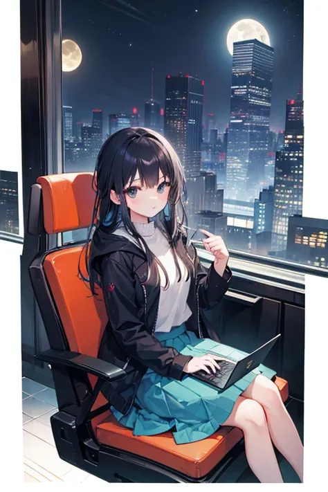   attention to detail ,  Super Detail,  Ultra High Resolution, The girl on the train ,  long skirt, Relaxed parka,  long hair, Hair color is white, She's sitting on a train chair , Late Night,  midnight, Cityscape, A row of skyscrapers, I can see the full ...