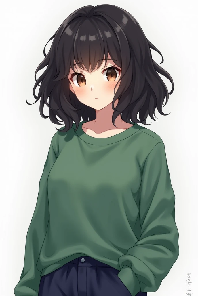 CREATE A CHARACTER WEARING A GREEN SWEATSHIRT AND A NAVY BLUE OUTFIT WHO HAS CURLY BLACK HAIR AND BROWN ANIME-STYLE EYES WITH A TRANSPARENT BACKGROUND