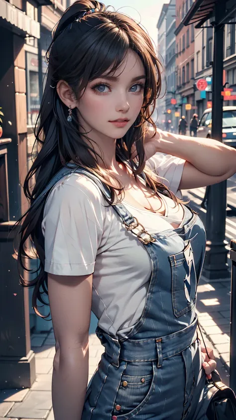  pho3b3cat3s pictures,  beautiful woman, ((24 years old)), street,  t-shirt,  denim overalls ,  1980s, Retro,  long wavy dark hair ponytail, ( Masterpiece), ( Extremely High Definition CG Unity 8K Wallpaper),  complicated, (( photorealistic)), 24 years old...