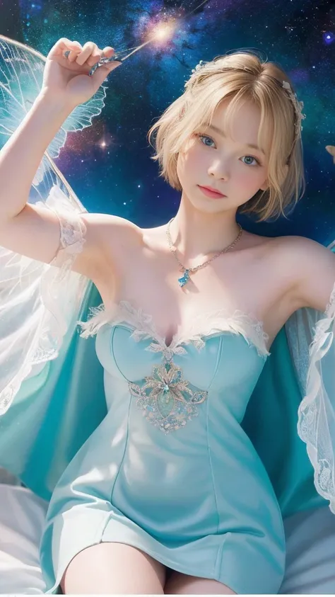 Emma Myers,  absurd,  top quality, 1 girl, Alone,  bright blonde ,  necklace, (simple space background), ( art nouveau style poster),  watches viewers, Intense Perspectives , Playing with the camera, （ mid-length bangs、 shown from head to foot 、whole body、...