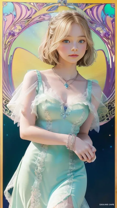 Emma Myers,  absurd,  top quality, 1 girl, Alone,  bright blonde ,  necklace, (simple space background), ( art nouveau style poster),  watches viewers, Intense Perspectives , Playing with the camera, （ mid-length bangs、 shown from head to foot 、whole body、...