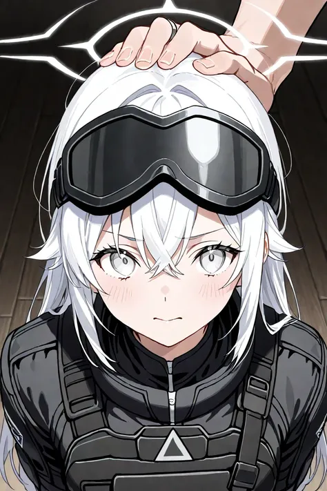  white hair、White Eyes、 girl、beautiful、I have a sickle、arms、white and black combat uniform、 is cool、 has a ring on his head、Black Wolf's Partner 