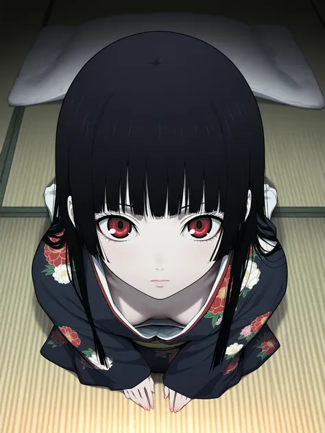 Masterpiece,最 high quality,  high quality , latest, 
 detailed background on a futon, tatami,  old Japanese house, very dark lighting,
Glare, 
looking at viewer, 
 1 girl, Alone, 
Enma Ai, Japanese clothing,  long hair,  black hair,  Gorgeous Embroidered K...