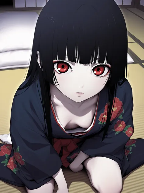 Masterpiece,最 high quality,  high quality , latest, 
 detailed background on a futon, tatami,  old Japanese house, very dark lighting,
Glare, 
looking at viewer, 
 1 girl, Alone, 
Enma Ai, Japanese clothing,  long hair,  black hair,  Gorgeous Embroidered K...