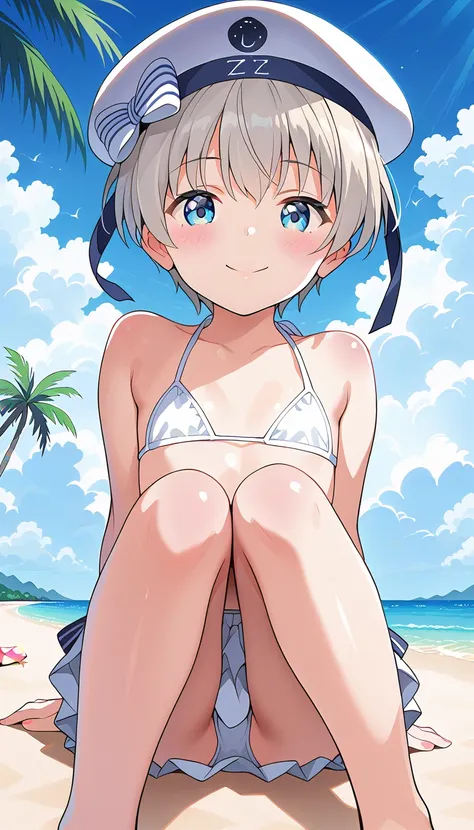 z1 leberecht maass \(kancolle\), 1girl, loli, blush, short hair, grey hair, blue eyes, white headwear, sailor hat, hat ribbion, blue ribbon, white bikini, frills, microskirt, beach, blue sky, sea side, palm tree, sitting on beach, ((((knees to chest)))), f...