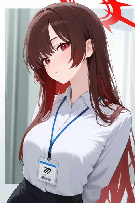 1 girl, Hair length reaches the back, Brown hair and red hair on the edges of the hair, red eyes, but not bright, wear a sexy work outfit, หน้าอกไซส์ปานกลาง, have a red halo