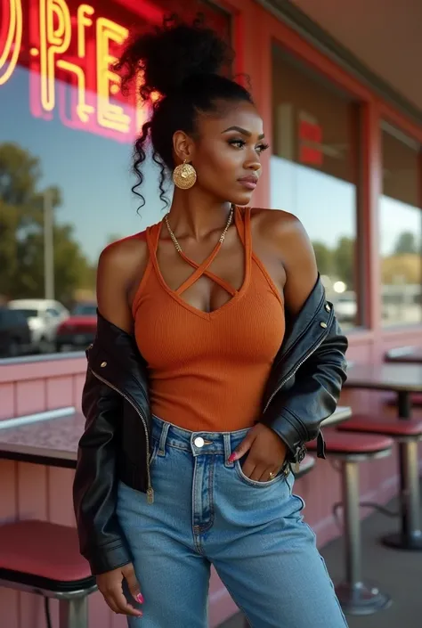 A curvaceous Black woman in a crisscross back ribbed knit bodysuit in terracotta, paired with high-waisted cargo jeans cuffed at the ankle. She layers a cropped leather jacket and wears chunky gold hoops, her hair in a high puff with baby hairs styled into...