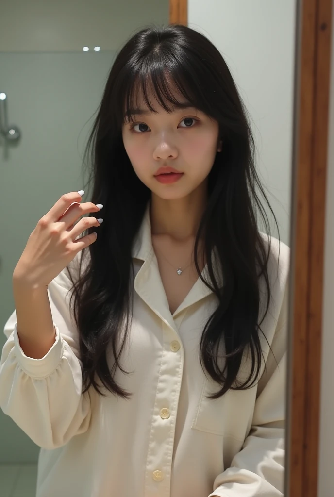 Korean girl, in twenties, long black hair, in pyjamas, in bathroom, facing mirror, selfie photo, iPhone 16 pro max camera in phone case, 1girl, Solo, High Resolution, Long Hair, Bangs, Black Hair, Feet Out Of Frame, Best Quality, High Resolution, show face