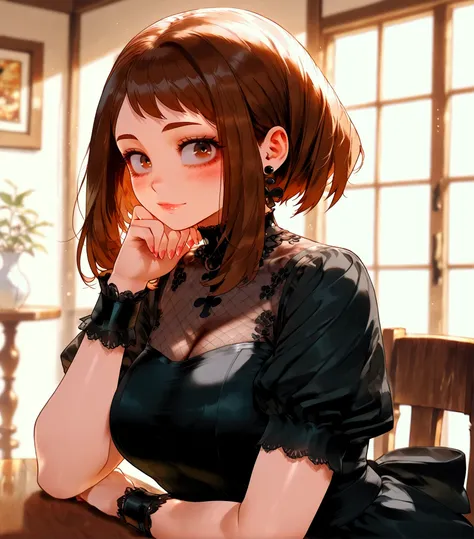 Uraraka, big breasts, she has a black elegant ruffled dress with a sexy neckline, black earrings and black bracelets, she is sitting at a restaurant table in daylight.