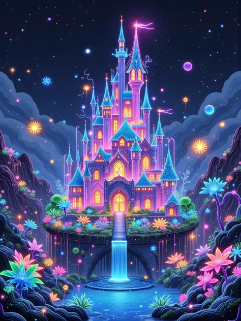 (Neon), Circuit Board, (moon:1.5), (Bubbles), (fireworks:1.5), Dreams, (Psychedelic), (Neon light), (A peaceful and magical dream castle), In this vibrant, Charming surroundings, center, A dreamy and majestic castle, Central Lake, Surrounded by a variety o...