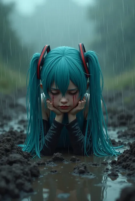 Poor Hatsune Miku in the mud while raining and crying