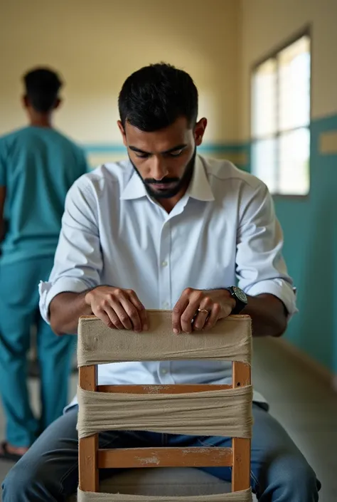 You exchange a Somali man in a white shirt wrapping a chair in a digfeer hospital