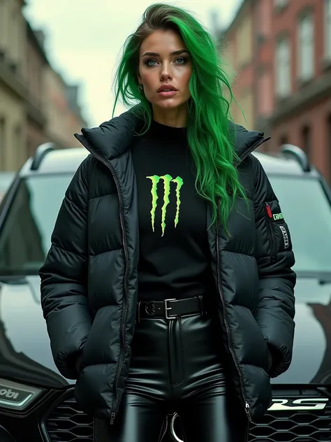 A woman in a black jacket and leather pants next to an Audi RS 6,  monster girl,  bebe energia  monster ,  energy monstruosa ,  monster ,  modelo usa jacket puffer ,  cold as ice ! 🧊, 🤬 🤮 💕 🎀,   monster , Jacke Puffer, delicious ,  black and green , suit j...