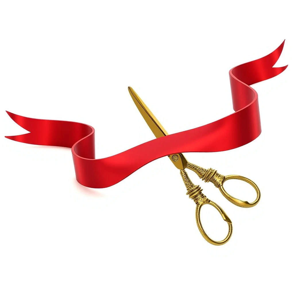 The image is a digital illustration showing golden scissors cutting a red ribbon in the middle. And the ribbon develops beautifully in the air.The scissors are depicted with a shiny metal finish, showing intricate details such as a threaded connection and ...