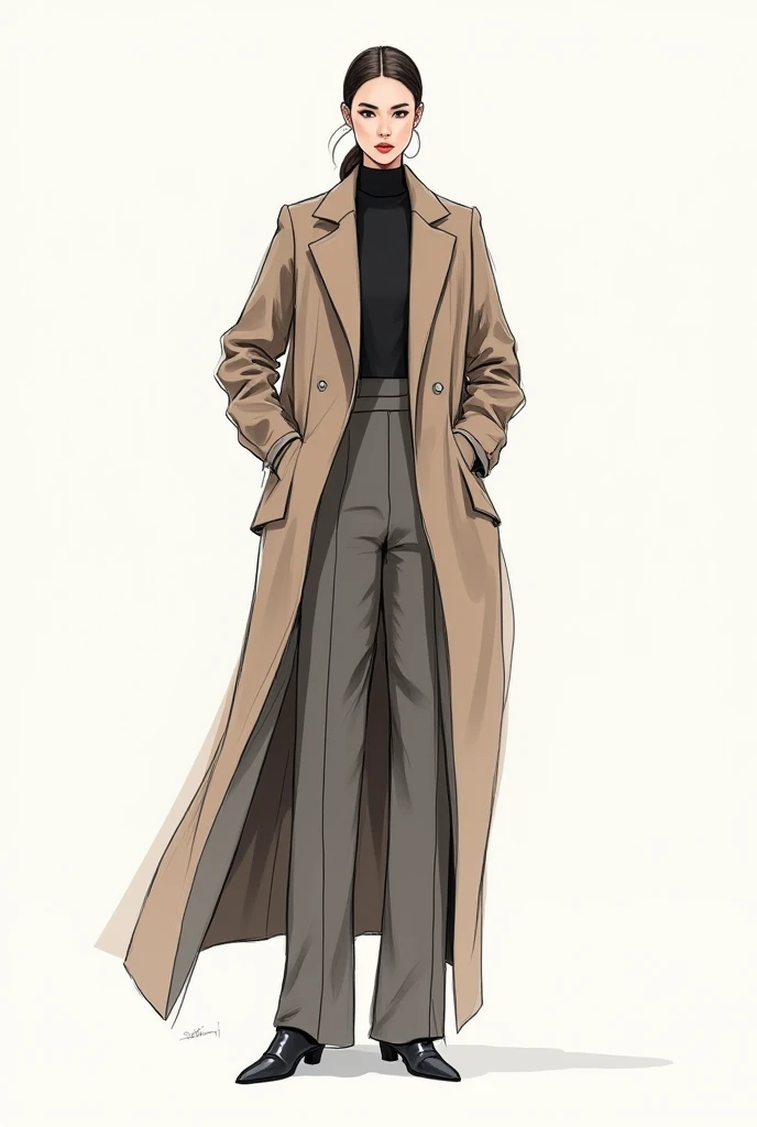 Trendy businesswear sketches for women ,  Full-length and in .  The looks represent avant-garde style with an emphasis on asymmetry and unusual haute couture designs.  Unusual and stylish broad-shoulder or oversized jackets ,  midi skirts and wide floor-le...