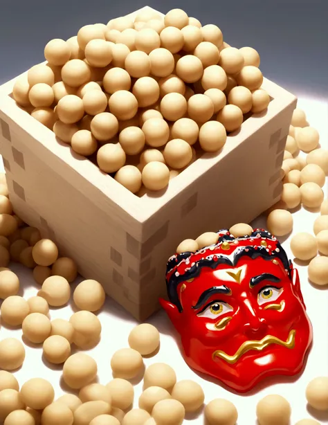 Heaps of soybeans and demon masks in a square Setsubun square,  anime style