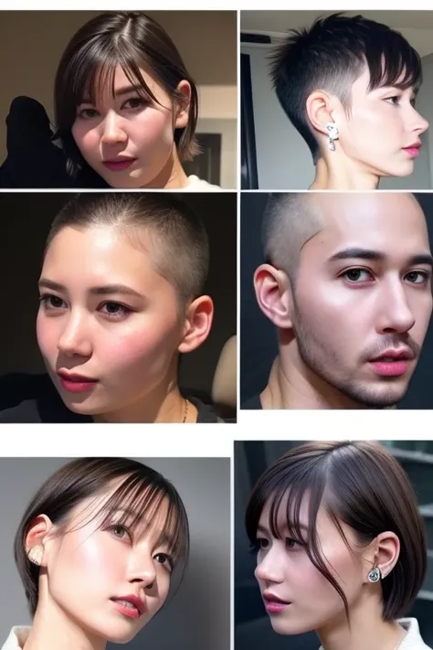  Contact sheet with 4 images of a woman "Yukirinu/ ゆきりぬ", preparing for the haircut, Sad super super short Spiky buzzcut with a "High fade" undercut and a side shave, cropped hair, very extreme short hair, sides skin, skin undercut neck, sitting in a barbe...