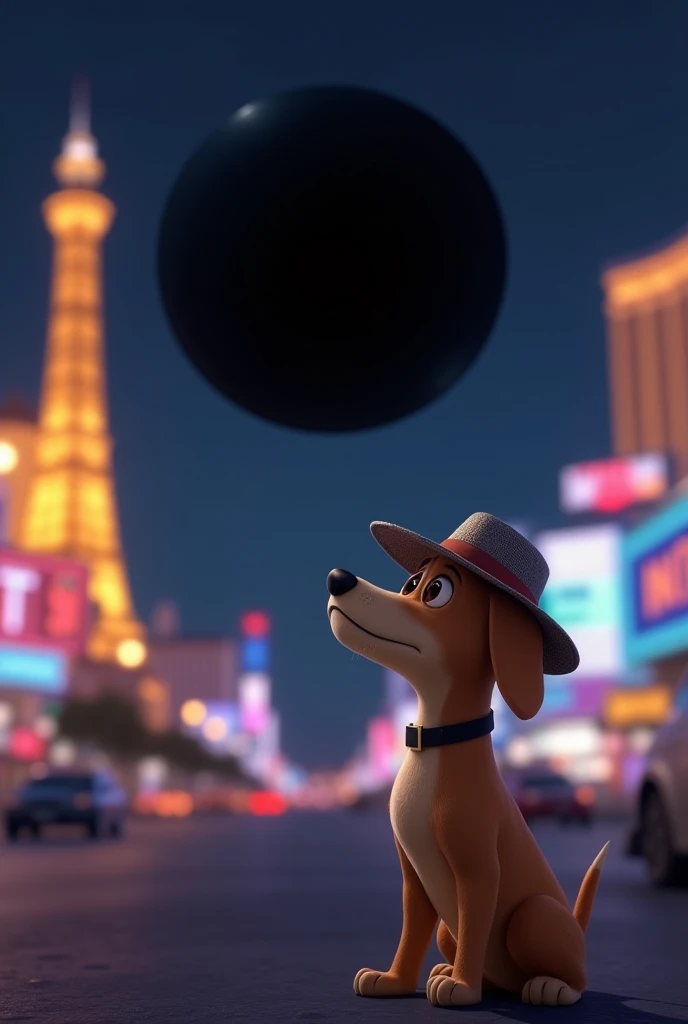 A cartoon dog wearing a hat, looking sad and small, staring up at a huge, dark sphere in the style of digital art, with a blurry Las Vegas night scene in the background, conveying a sense of disappointment.