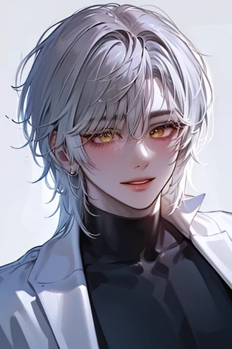 (adsurdres,  highres, ultra detailed), (masterpiece, best quality:1.2),1boy, spiky messy hair, white hair, yellow eyes, extremely detailed eyes, close up shot, portrait, smiling, absolutely stunning art