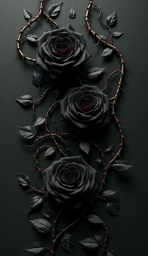 "A moody design featuring dark black roses with thorny vines crawling through the composition. Create a sense of contrast by adding metallic silver or deep red accents to the edges of the flowers or thorns to make them pop."