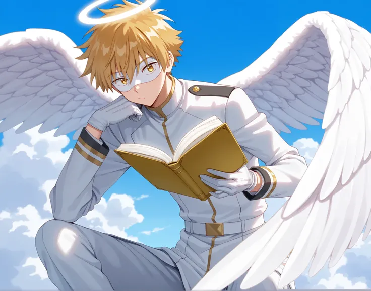 Full pure White hero masked men anime, solo, male focus,white angle uniform,white mask,white eye mask,gloves,angel,1boy,male focus,big white angel wing,angel halo,golden eyes,day sky clouds heaven bankground,inuzuka shuu, blonde,boring,playful, resting on ...