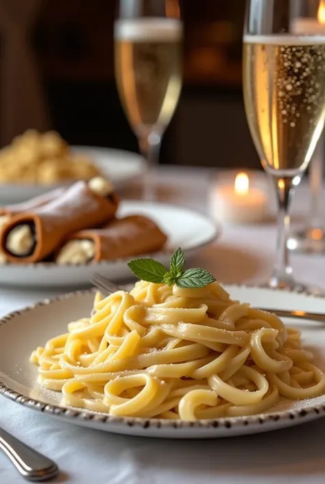 fettuccine alfredo with champagne and cannoli    just the dishes