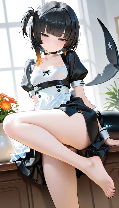 1girl, black eyes, half closed eyes, Black Hair, orange Gradient Hair, blunt bangs, hume cut, side up ponytail, long shark tail, small Breast, maid, high-waist, Side slit short skirt, Choker, bare legs, foot, toenails, nail polish, black nails, masterpiece...