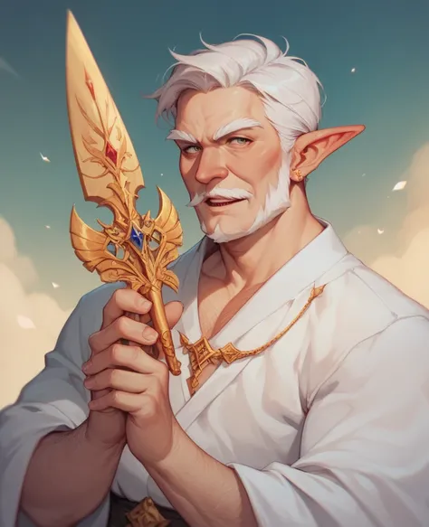 Create the image of an old man of the elf race, with long white hair, wearing a white robe with golden embroidery, a wise and benign elf worthy of his wisdom collected for centuries