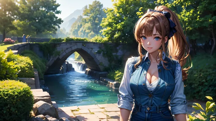 1girl, summer, trees, house, fantasy landscape, water, light brown hair, ponytail, large full breasts, dark blue eyes, large shiny eyes, ((denim vest)), ((colorful shirt)), ((unbuttoned shirt)), ((short sleeved shirt)), (cleavage), skirt, smile, looking at...