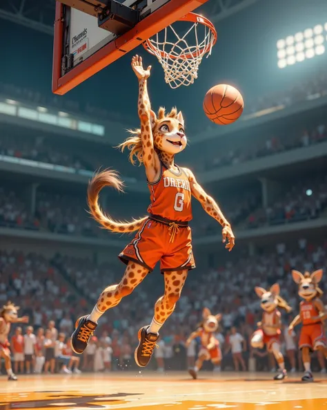 furry , (1 giraffe girl , petit tits  , ponytail , baggy basketball uniform , dunk shoot) , (areola:0.8)