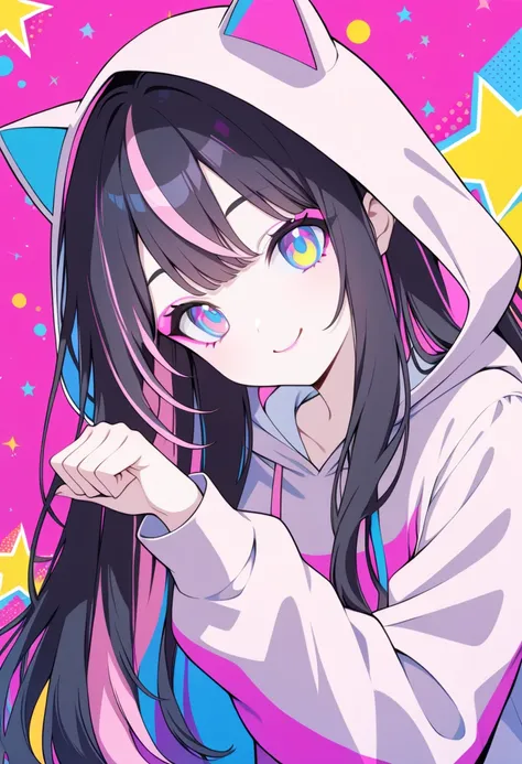 Pop Art, Perfect hands, (((upper body))), One girl, solo, Pale skin, cute, makeup, subtle and dynamic, rim light, (((black hair, pink streaked hair, long hair))), iridescent eyes, Cat Costume, Wearing a hood, (pop art), Colorful background, paw pose, smile...