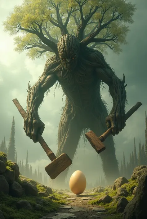 Create an image of a hammer tree beating an egg