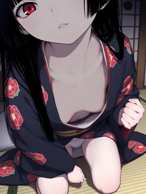 Masterpiece,最 high quality,  high quality , latest, 
 detailed background on a futon, tatami,  old Japanese house, very dark lighting,
Glare, 
looking at viewer, 
 1 girl, Alone, 
Enma Ai, Japanese clothing,  long hair,  black hair,  Gorgeous Embroidered K...