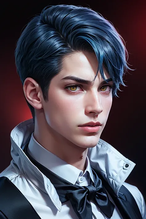 Boy, blue hair, yellow eyes, sharp features, serious, white skin, pink lips, shirt, formal jacket.