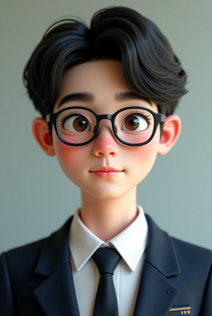  A boy wearing a student uniform, has a handsome face ,  nasolabial, small lips , Medium hair , wearing glasses