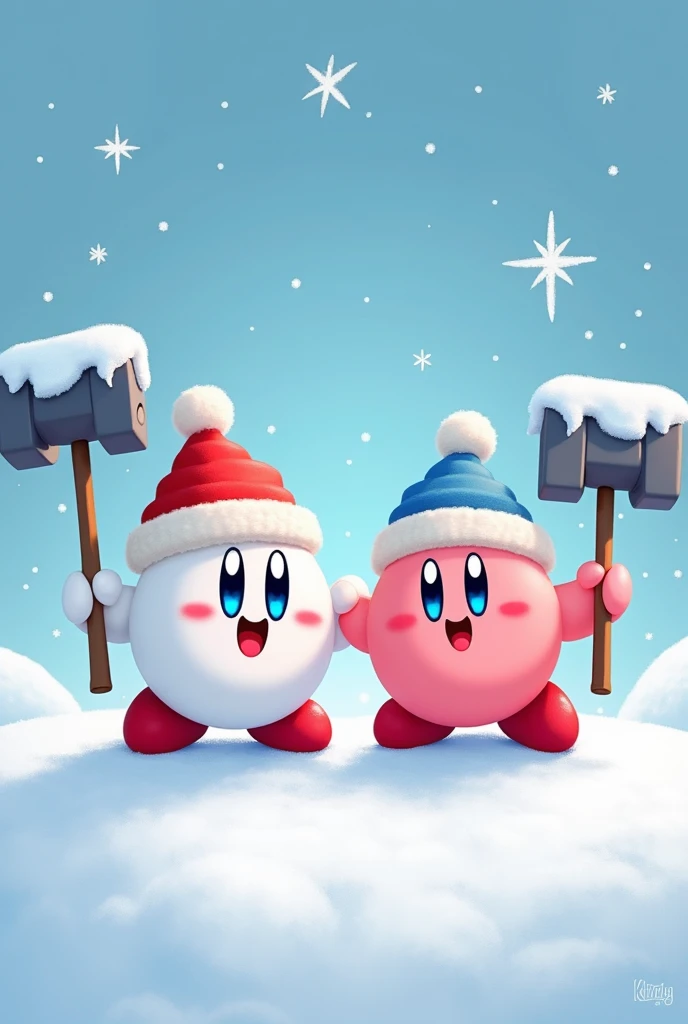 snow man brothers, cartoon art style, cartoony, holding hammers, snowy background, friendly, hats, video game 2d art, kirby characters