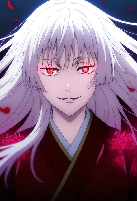 masterpiece, best quality, anime screencap, looking at viewer, depth of field, solo, female focus, elegant and menacing, long flowing white hair, crimson glowing eyes with intricate pupils, porcelain-pale skin, sharp details, focus on glowing eyes, soft an...