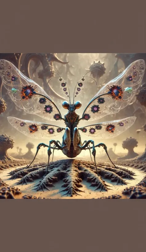 Giant insect that resembles a praying mantis mixed with a beetle and transparent wings of Strepsiptera, its body has fractal shapes, some tentacles come out of its chest, several nuclei throughout the body. The scenery is immersive, full of fractal shapes.