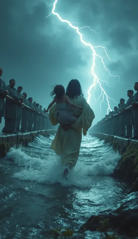    Jesus running across a bridge to save a girls that he hold in his arms,    inside a very strong flood , There's a lightning storm going on ,  with people watching the accident  . I want a shocking scene !