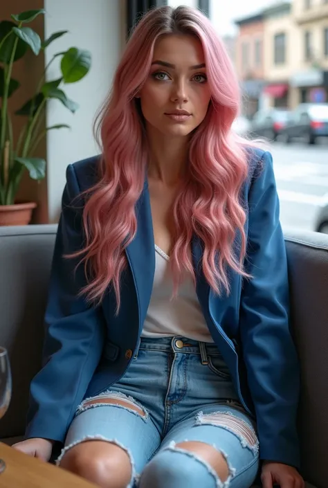 ultrarealistic long full face and body photorealistic image of a beautiful 24-year-old american girl with long pink hair and is styled in loose waves, she has hazel eyes with large breasts and light skin tone, curvy hourglass figure. The woman is wearing a...