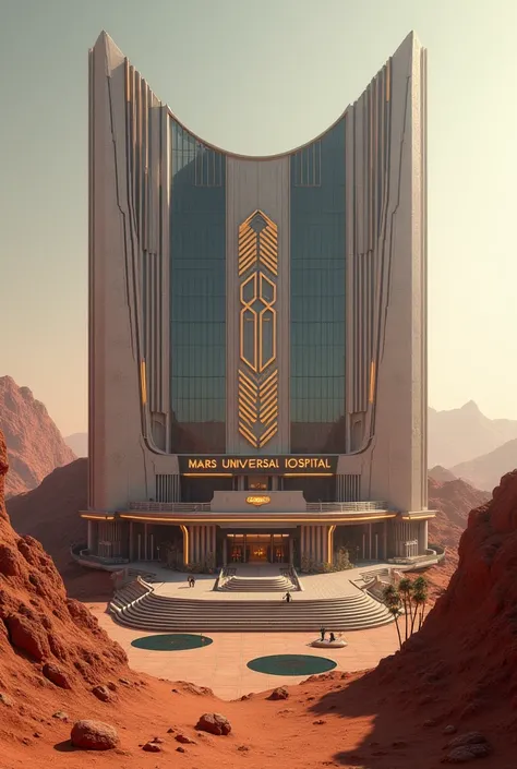 Make me a exterior design of the most luxurious hospital in mars with a clear signage "mars universal hospital"