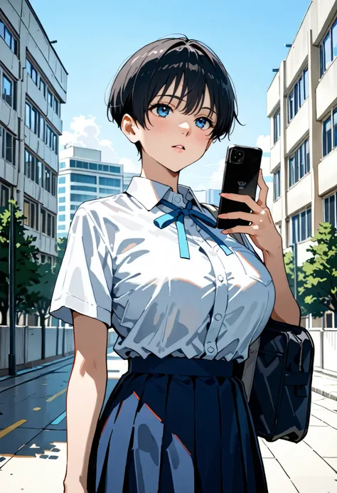 score_9, score_8_up, score_7_up, source_anime, BRAKE 1girl, cute boyish girl, very short hair, black hair, Aquiline nose, big breasts, (short stature), school uniform, navy skirt, White shirt , light blue ribbon, parted lips,have a cell phone, warking, out...