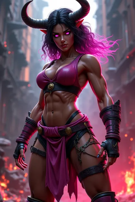  Create a 3D mortal combat style image of a female minotaur, with Latin features,  curly hair . Add shades of pink  